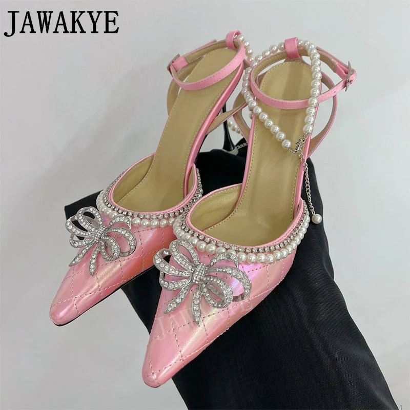 

Elegant Ladies Pink Bridal Wedding High Heels Ankle Pearl Strap Crystal Bowtie Shoes Evening Dress Party Shoes Ladies Slingbacks