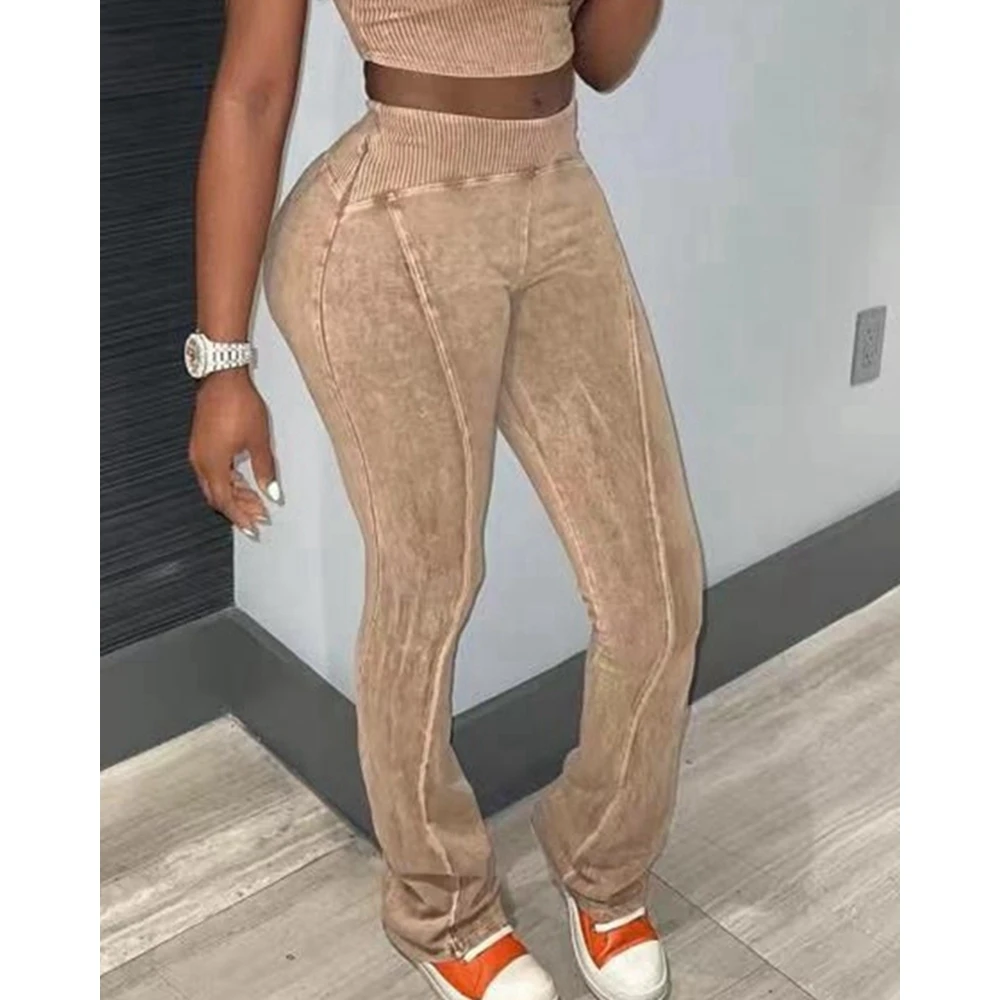Autumn Women Corduroy Ribbed Sleeveless Round Neck Top & High Waist Skinny Pants Set Casual Slim Two Pieces Sets Outfits Y2k