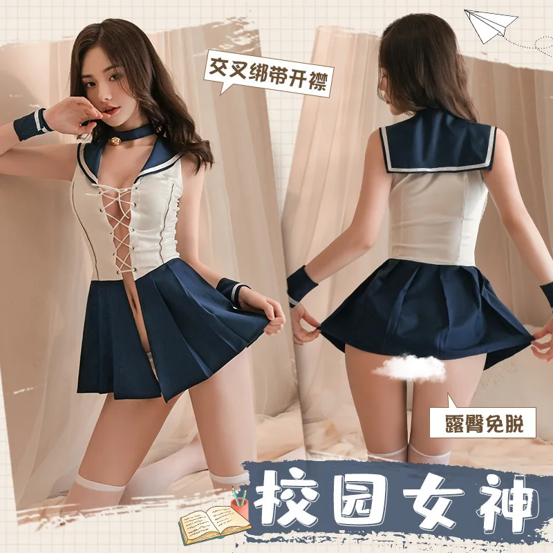 

Sweet College Style Student Roleplay Costume Women Porno Skirt Bandage Uniform Sexy Lingerie Set Cosplay Schoolgirl Sailor Dress