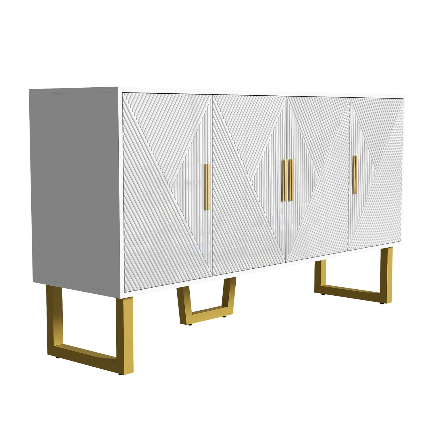 150cm modern, luxurious white sideboard, high-gloss structured doors gold handles 4-door design, height adjustable – Detail 18