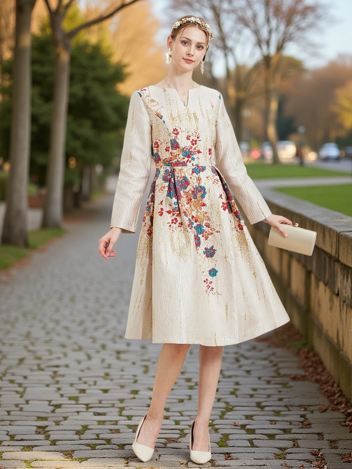 DEVCHATA Elegante Frauen Jacquard Mode Kleid Neue Luxus Floral Abend Kleidung Vintage Kleider Formale Vestidos – Detail 9