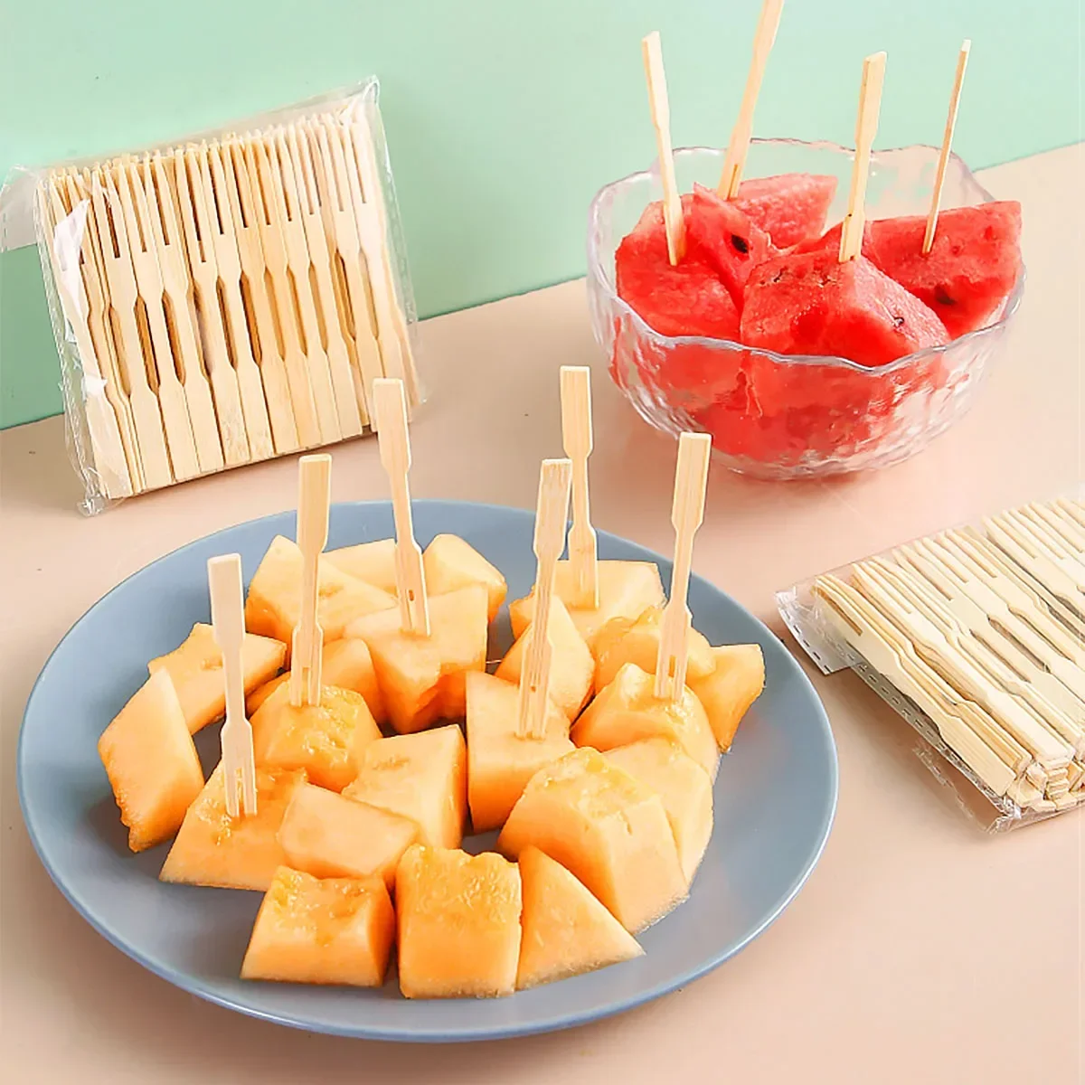80pcs Bamboo Disposable Wooden Fruit Fork Salad Dessert Cocktail