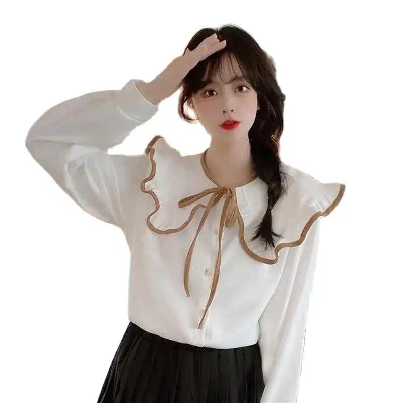 Sweet Shirts for Women Peter Pan Collar Fashion Autumn Winter New Preppy Lovely Tops Lace-up Bow All-match Streetwear Harajuku