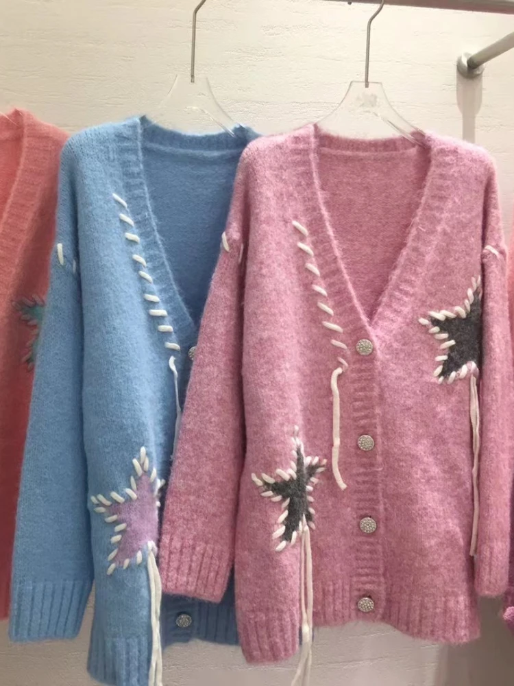 

Embroidered Star Pattern Knit Pink Cardigan Lace-up Single-breasted Sweater Korean Fashion Knitwear Casual Autumn/Winter Clothes
