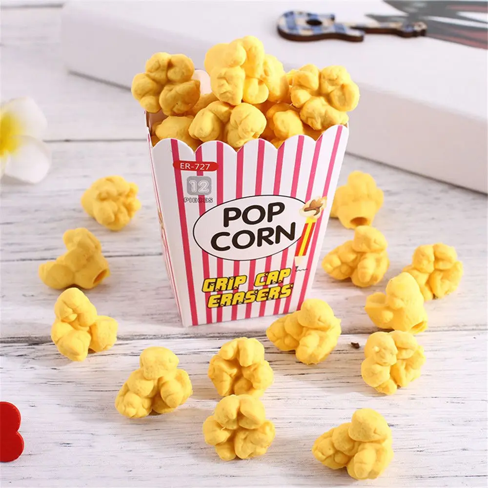 12pcs/box Cute Erasers Kawaii Stationery Pencil Rubbers Popcorn Shape