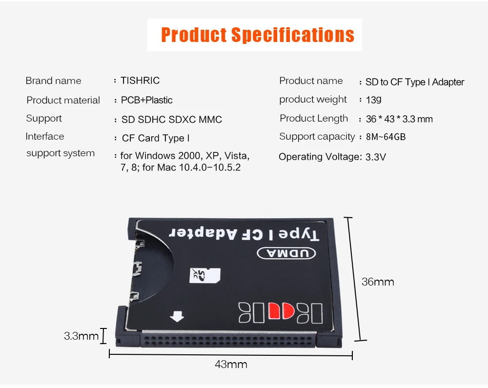 TISHRIC Neuer SD zu Typ I CF-Adapter SDHC SDXC MMC zu Standard Compact Flash Typ I Speicherkartenkonverter Kartenleser für Kamera – Detail 2