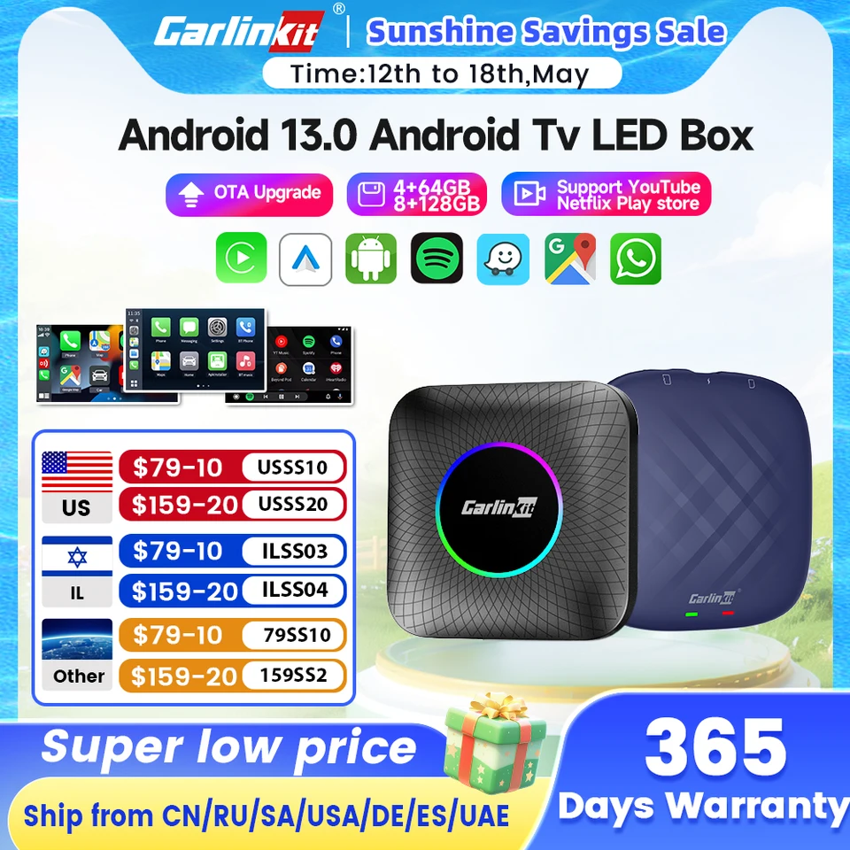 Carlinkit Ai ボックス Android 13 LED ワイヤレス Android Auto 