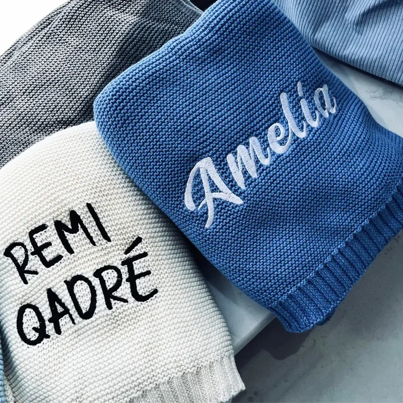 Customize Name Baby Blanket - Embroidered Design Great for New Borns Stroller Swaddles Comfort Breathable Cotton Knitted Blanket - 4