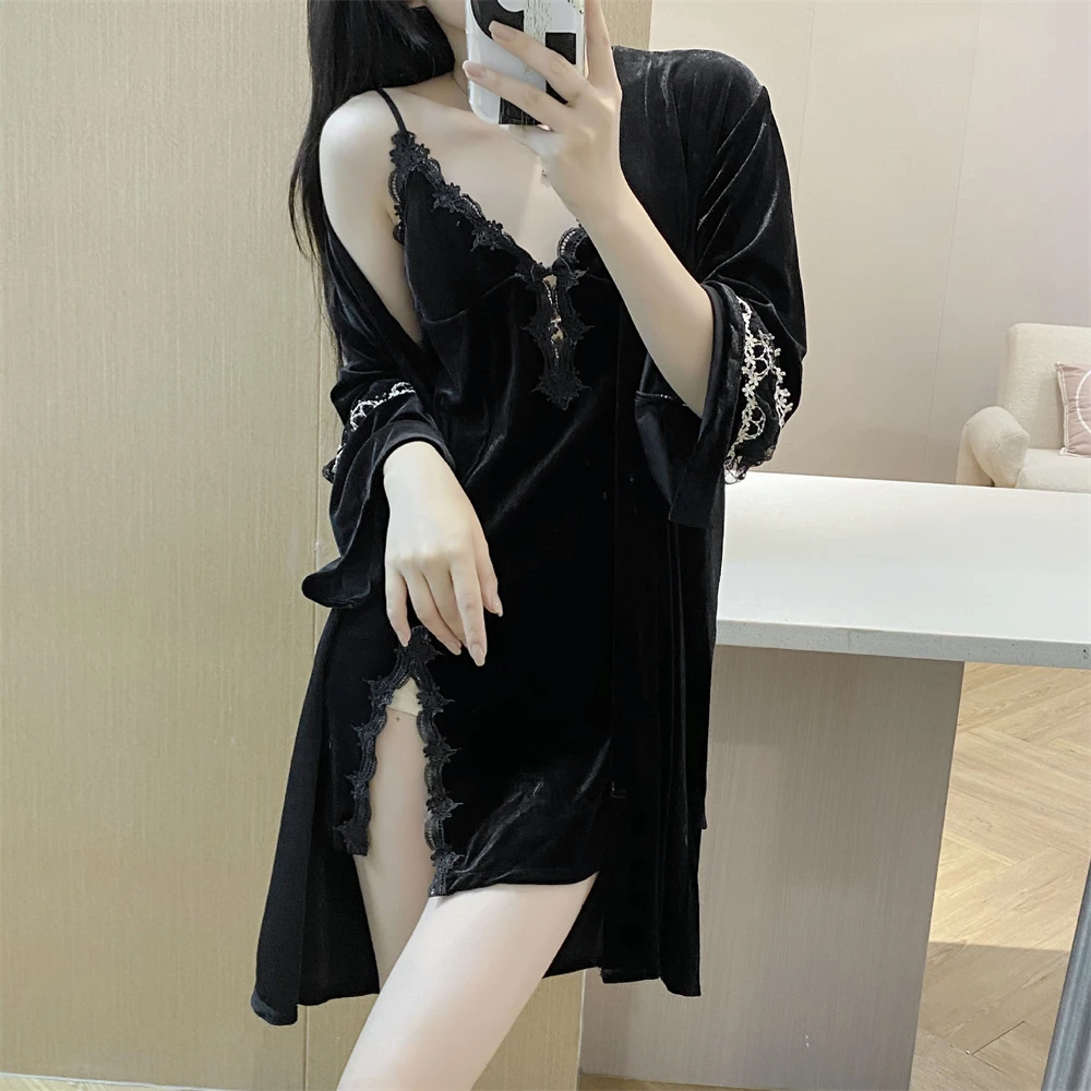

Женское черное велюровое Ночное платье с длинными рукавами, кружевной спальный халат и ночная рубашка с нагрудными подушечками