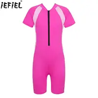 Kids Girls Boys Rash Guard One-piece Swimsuit Short Sleeves Zippered Shorty Wetsuit Swimwear Pool Beach Surfing Bathing Suit 1