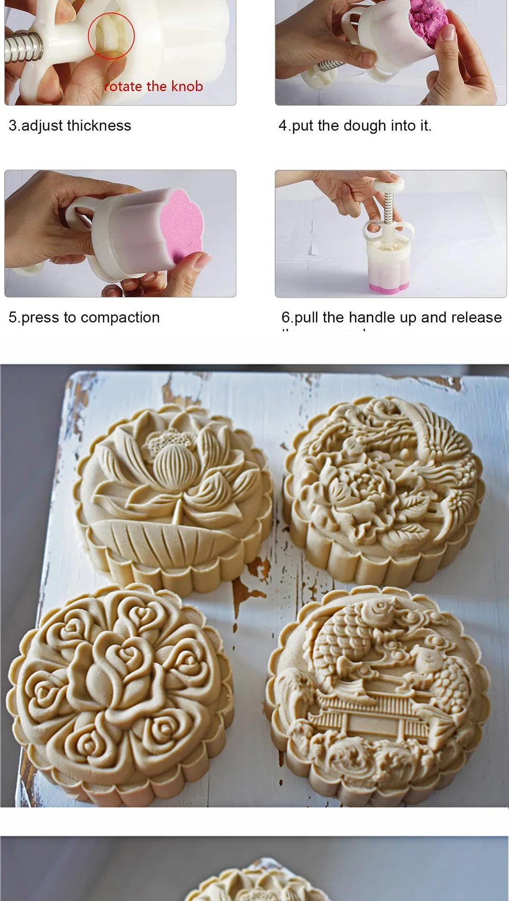 Description Picture 3 of item4Pcs/Set 200g Chinese Traditional Big Gram Moon Cake Mold Love Lotus Fish Dragon Dessert Pastry Stamp Hand Press Plunger Bakewar