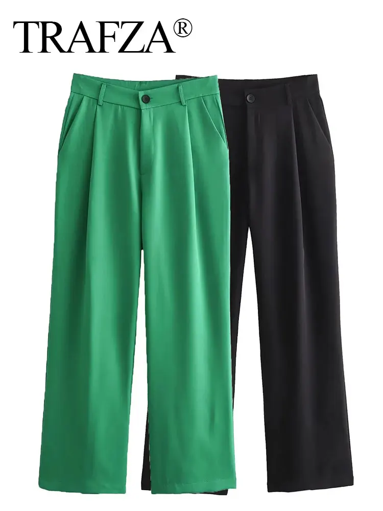 HH Women Casual Solid Pants High Waist Zipper Straight Pants 2024 Female Fashion Trousers Office Lady Wide Leg Pant