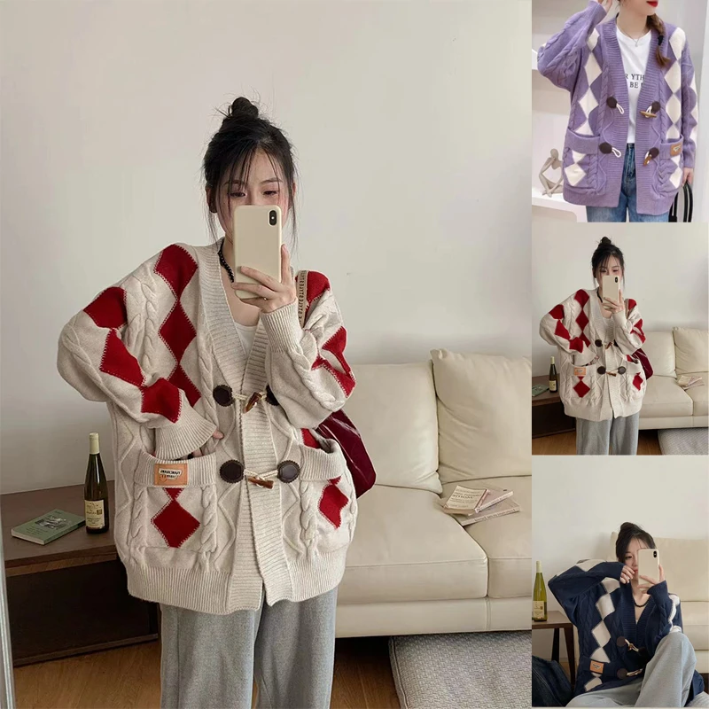 

Korean Oversized Sweaters Pockets Button Argyle Contrast Color Knit Coats Cardigan Loose Autumn Winter Vintage Women Clothing