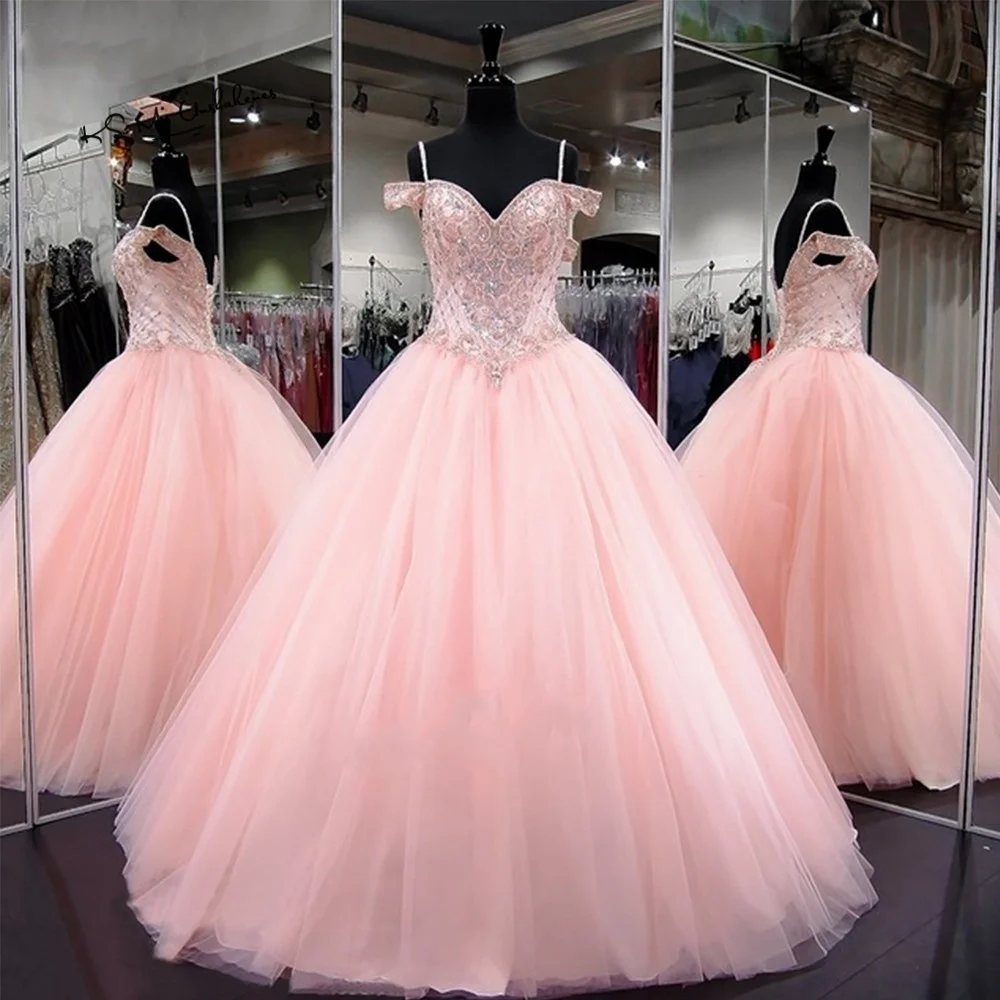 Sparkly Pink Quinceanera Dresses For 15 Years Old Crystals Beaded Gowns Ballkleid Plus Size ANGELSBRIDEP
