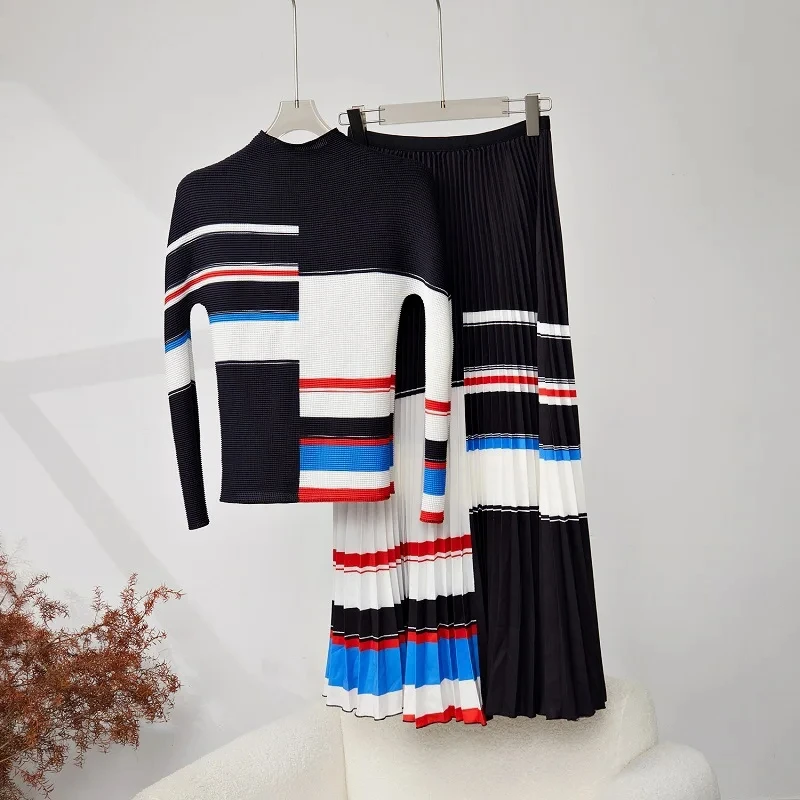 Miyake Runway Fashion Pleated Stripe Print Two Piece Set Women Long Sleeve Colorblock Stretch Top Long Skirt Suit Female Outfits