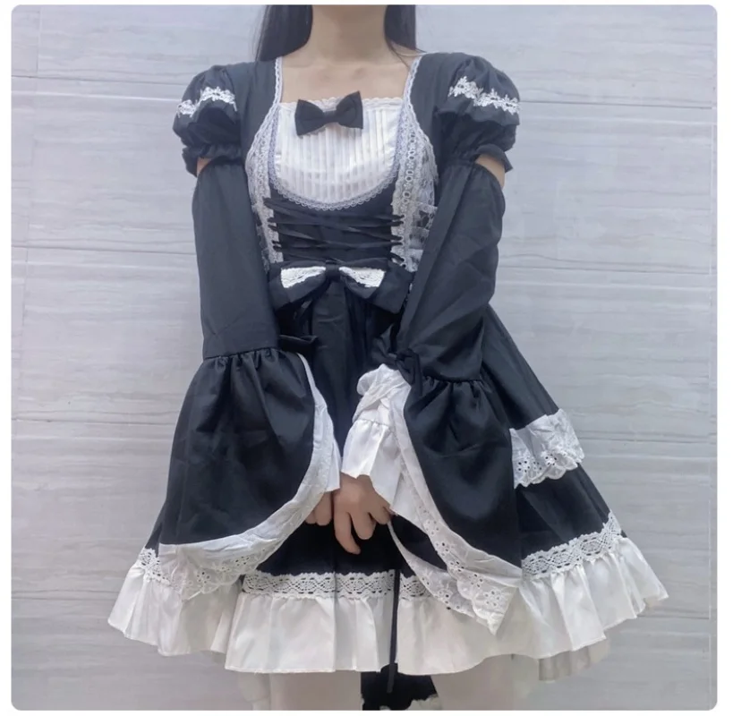 Lolita Tail Swallow Dress Corset Cincher Lace Dress Maid Costume Women Gothic High Low Outfit Cotton Long Hem for Girls lolita dress lolita suspender dress lolita cosplay costumes