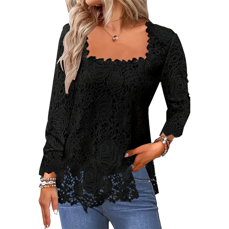 Women Lace Long Sleeve Loose Tshirts Summer Tops