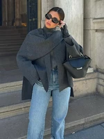 ZBZA Women's Asymmetric Scarf Knitted Jacket O-neck Single Button Side Slit Solid Loose Coat Winter New Female Chic Outerwear 1
