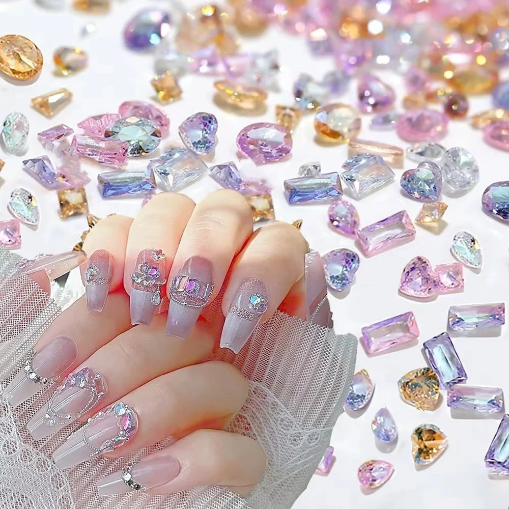 50PCS 스파클 5A 미니 지르콘 오로라 얼음 반투명 코냑 믹스 모양 샤프 다이아몬드 네일 아트 라인 석 장식 매니큐어 매력