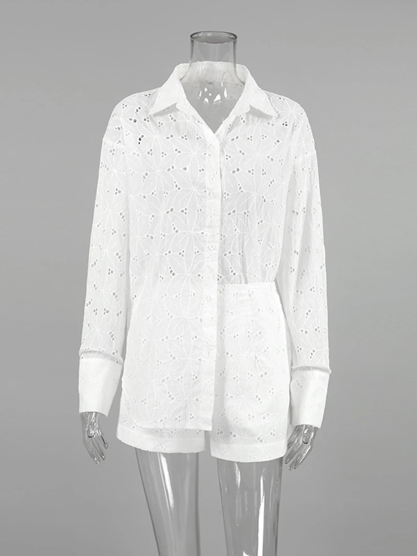 Marthaqiqi Jacquard Weave Ladies Nightgowns Set Turn-Down Collar Nightwear Long Sleeve Pajama Shorts Cotton Femme Sleepwear Suit