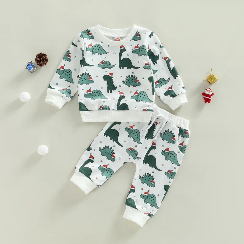 -10-10 Lioraitiin 0-3Years Toddler Baby Boy Girl 2Pcs Autumn Clothing Set Long Sleeve Animal Dinosaur Printed Top Long Pants