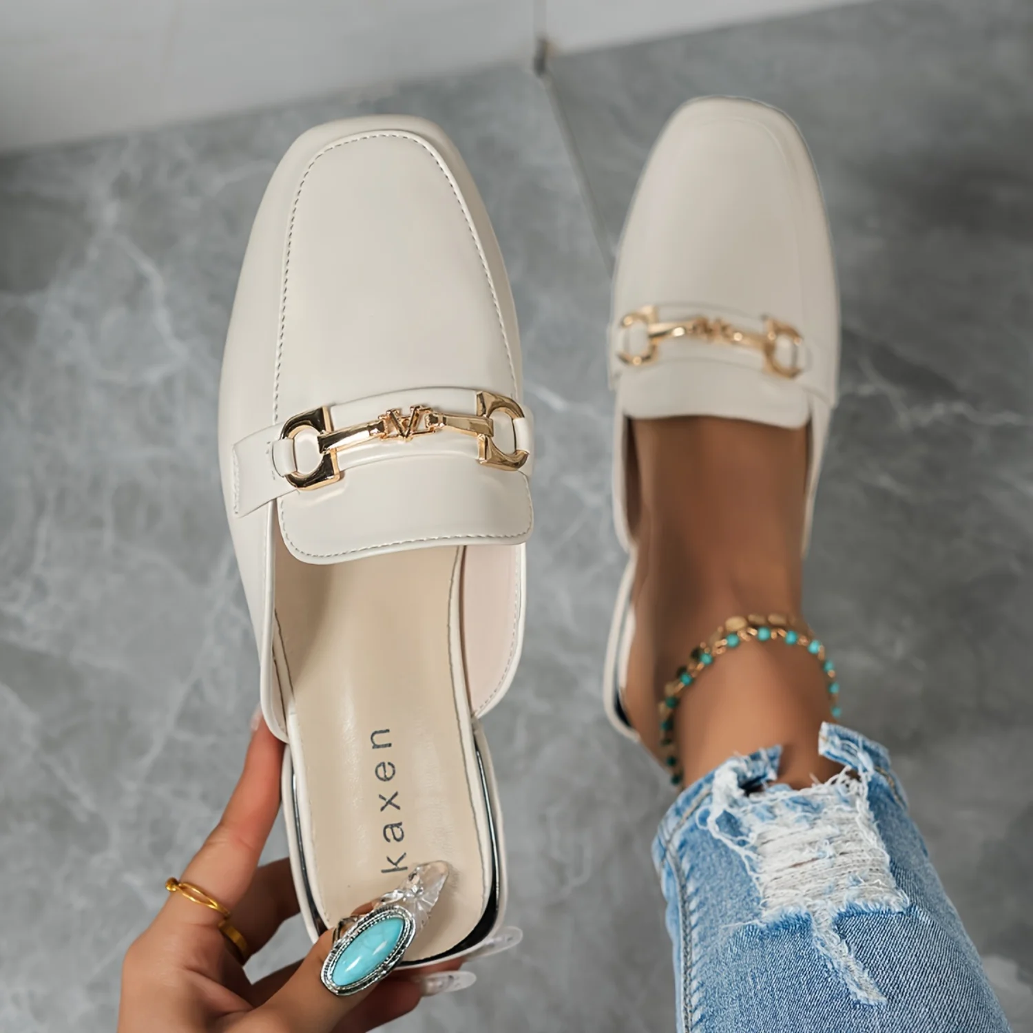 Elegant Women's Metallic Buckle Decor Flat Mules for Stylish Ladies, Slip On Square Toe Shoes with Comfortable Fit and Modern St