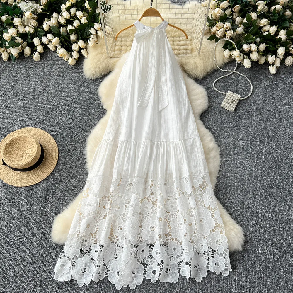 Summer White Lace Embroidery Sleeveless Long Tutu Dress