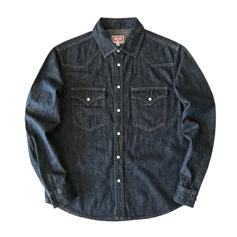 Sauce Zhan Mans Shirt Jeans Shirt Vintage Cotton and Linen Western Cowboy Long Sleeve Denim Double Pockets