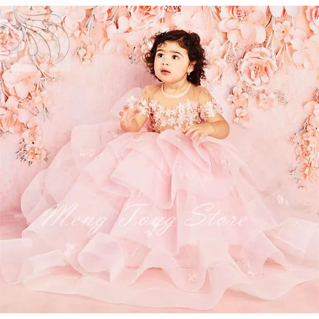 

Neck Pink Flower Girl Sheer Dresses Pearls Ball Gown Tiers Tulle Lilttle Kids Birthday Pageant Weddding Gowns