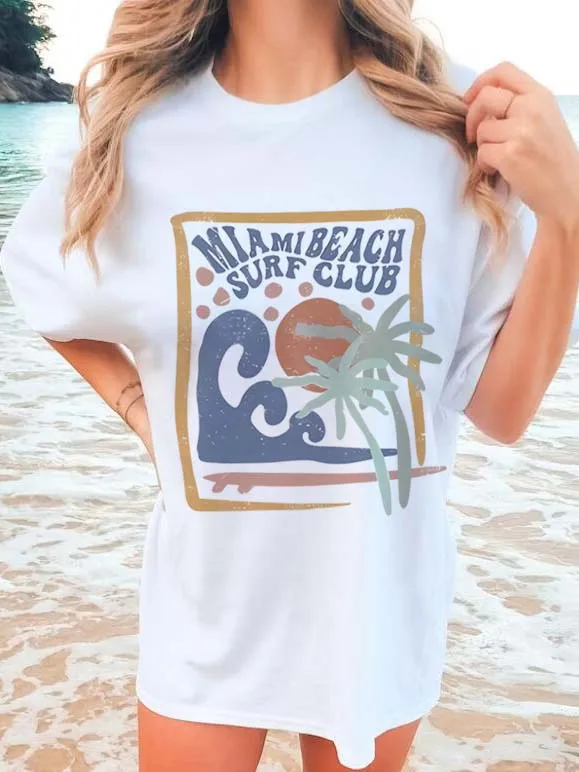 Short Sleeved Palm Tree Artwork Printed Beach Wave Women's T-Shirt Short Sleeved Clothing Watercolor Women's Casual T-Shirt.