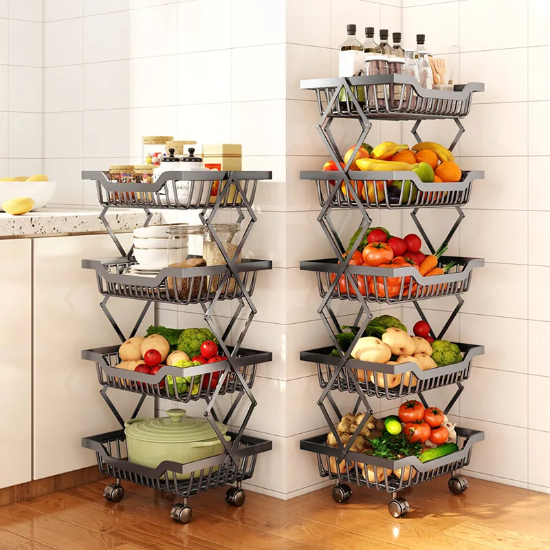 Estante de almacenamiento móvil montado en el piso, estante plegable para  frutas y verduras, estante de cocina multicapa con rodillos móviles, estante  de cesta de frutas