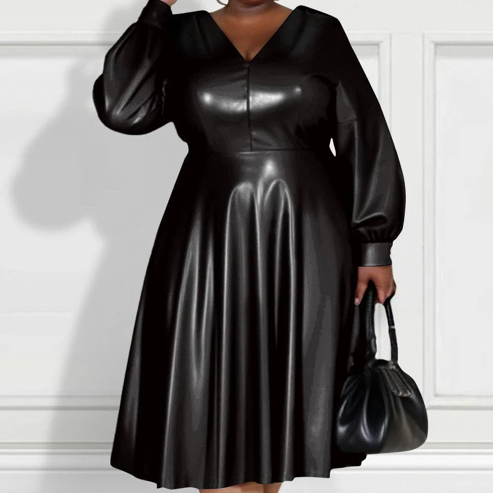 Plus Size Daily Midi Dresses Elegant Black Fall Winter V Neck Lantern Sleeve Long Sleeve PU Leather Pleated Midi Dresses