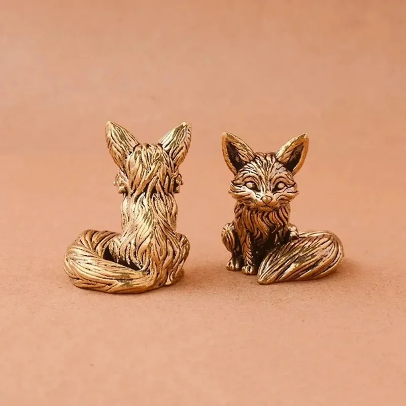Brass Fox Statue Cute Fox Miniature Figurines Desk Decorations Accessories Copper Animal Sculpture Home Decor Crafts