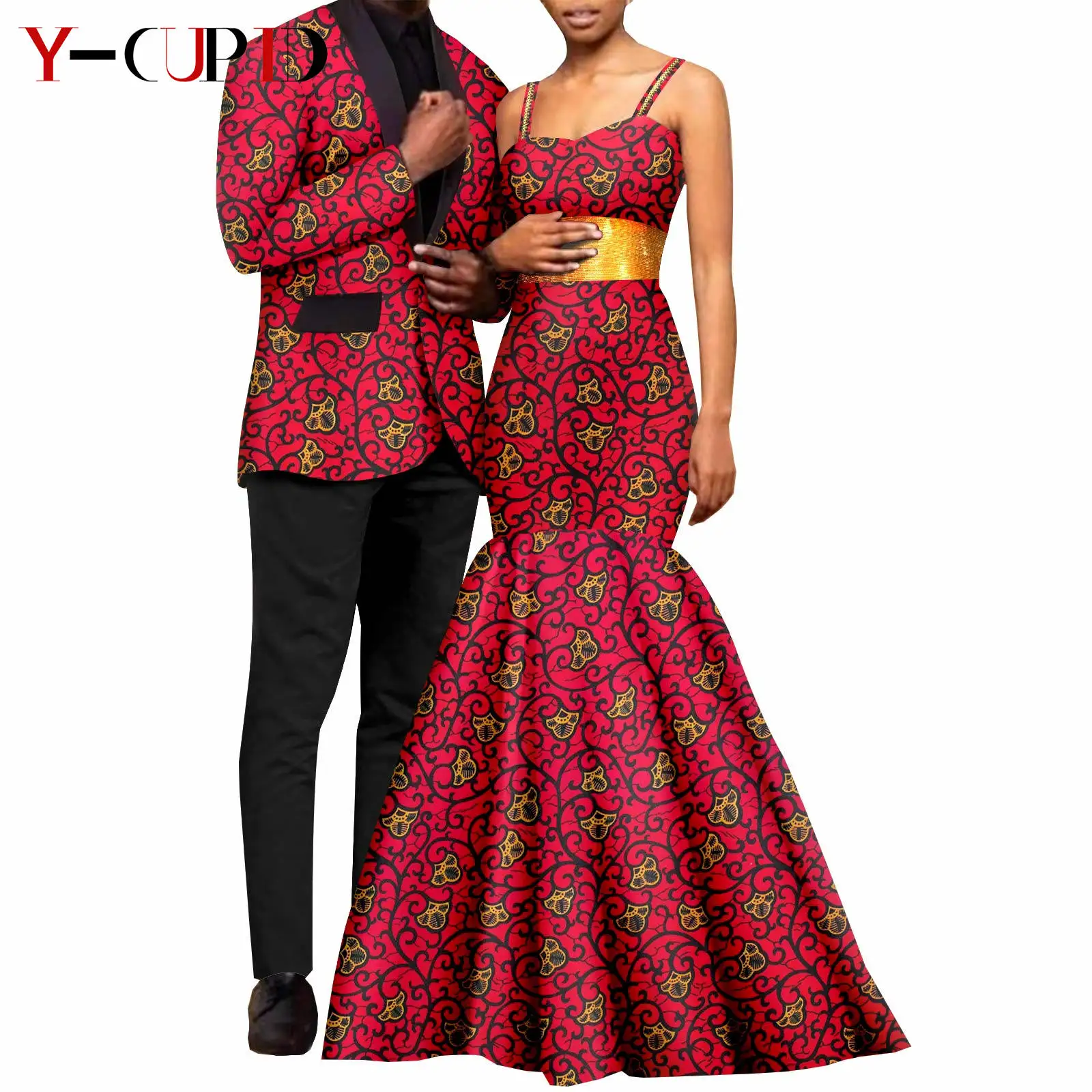 African Print Long Dresses for Women Matching Men Suits Outfits Dashiki Ankara Jackets Coats Bazin Riche Wedding Wear Y23C065