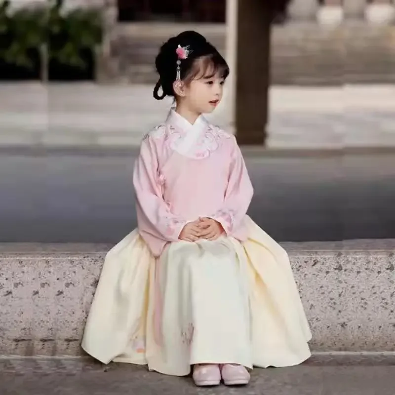 

Spring Chinese Traditional Style Girl Baby Hanfu Suit Long-sleeved Tops Children's Skirt Suit Teens Antique Skirt Clothes Set