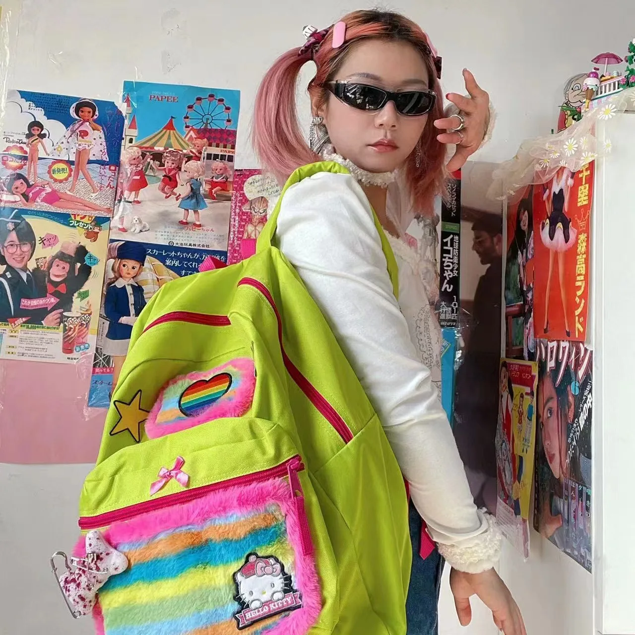 Hello Kitty Original Rainbow Sweetheart Cute Large Capacity Plush Star Y2K Millennium Cartoon Bones Student School Bag
