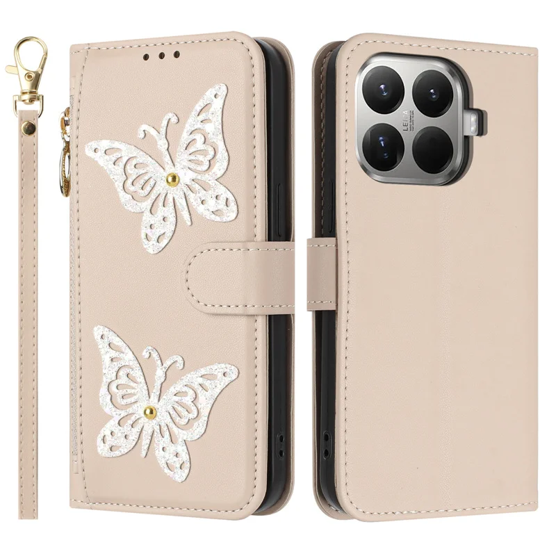 Wrist Strap Flip Leather Phone Case with Zipper Wallet and Card Holder