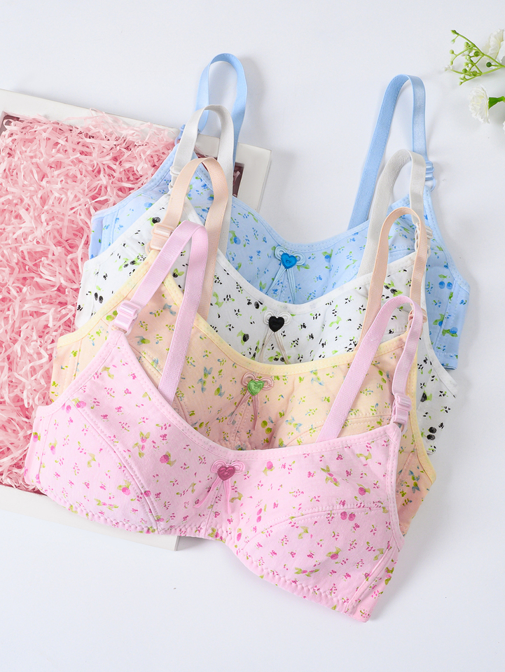 4 pcs cute girls' underwear bras, all-over printed patterns, fashionable bras, comfortable and breathable underwear, wi