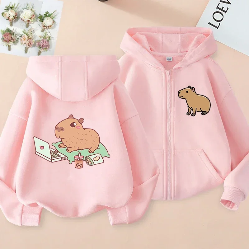 Kawaii Capybara Zip Up Hoodie - Childrens Manga Sweatshirt for Kids