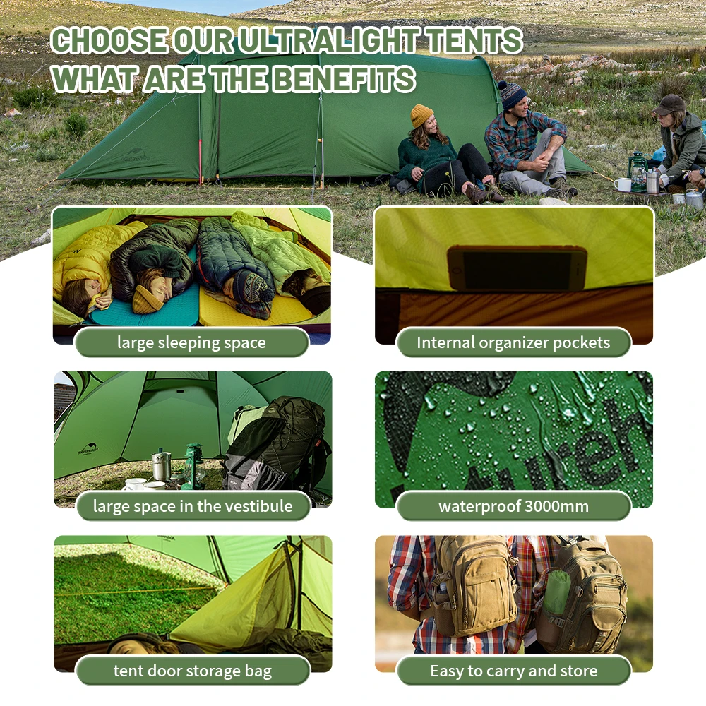 Camping Tent Naturehike Camping 3 Person Tent 2 Person Tent Waterproof Outdoor Ultralight Tents Glamping Backpacking 4 Season Hike Beach