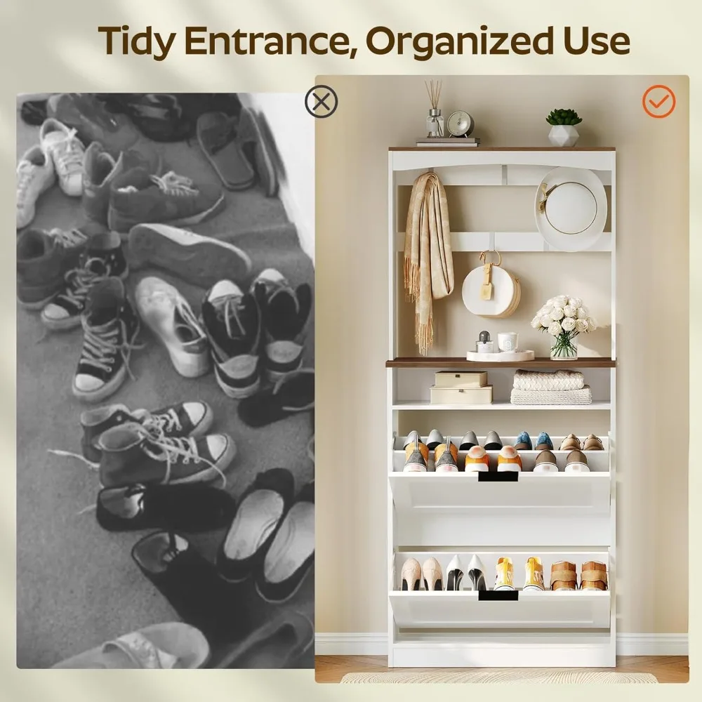 tall shoe cabinet with flip drawers and coat rack, floor standing modern shoe storage organizer, 2-in-1 hall tree with movable h