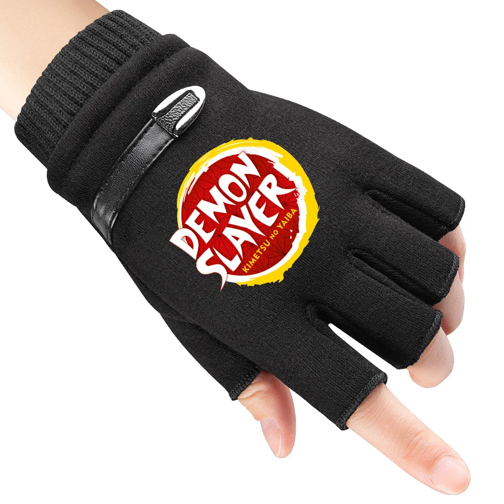 

Anime Demon Slayer mittens for child Warm Winter Knitted Girl Boy Fingerless Gloves Men Woman Black Half Finger Gloves Mittens