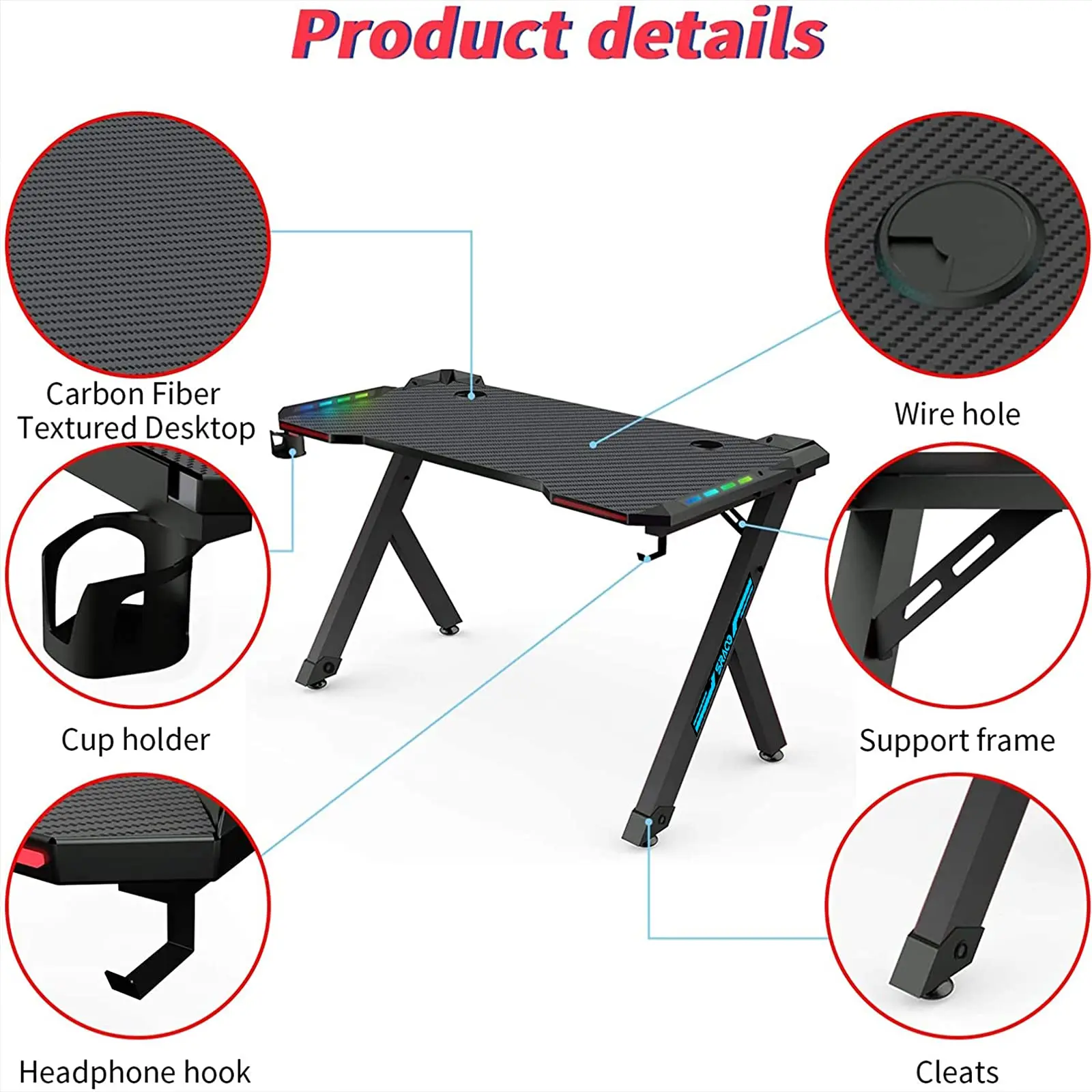 Gaming Desk Computer Table Metal Frame w/ Cup Holder, Headphone Hook, Cable  Hole