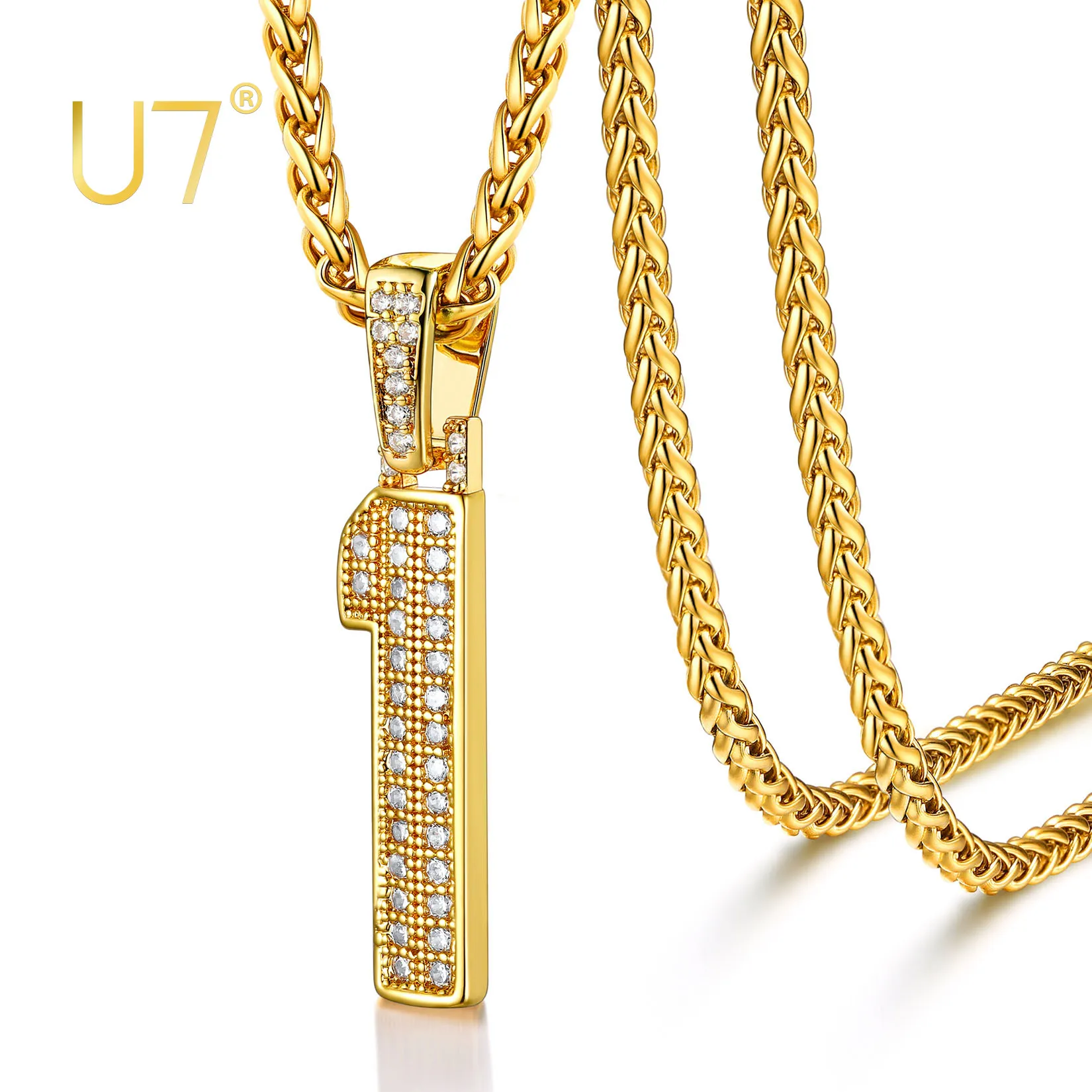 

U7 18K Gold Color Iced Out Number Necklace for Men White CZ Pave Setting 0-9 Charms Pendant Luxury Style Hip Hop Jewelry