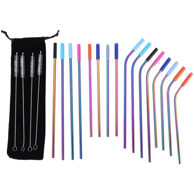 Set of 4 Colorful 14 Inch Reusable Stainless Steel Drinking Straws with  Silicone