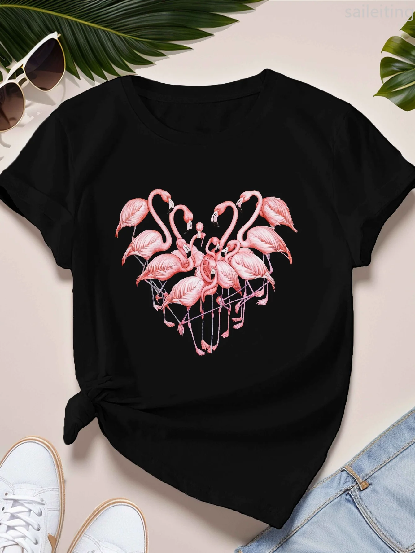 Flamingos Herz Damen Sport Kurzarm Harajuku T-Shirt Lässiges Damen-T-Shirt Kleidung Street Tops Tees Ästhetische Kleidung