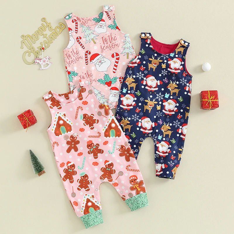 

Fashion Newborn Baby Boys Girls Christmas Romeprs Cartoon Santa Claus Print Sleeveless Crew Neck Casual Jumpsuits Playsuits