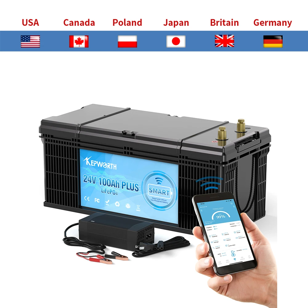 24V 100Ah LiFePO4 Battery with Built-in Bluetooth BMS for RV Campers Golf Cart Off-Road 6000 Cycles Long Life Power Battery