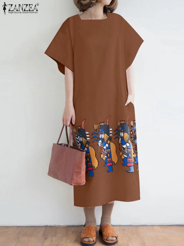 

ZANZEA Loose Women Print DressLong Robes Boat Neck Short Sleeve2024 Summer Beach Holiday Dress Causal Baggy Vestidos Oversized
