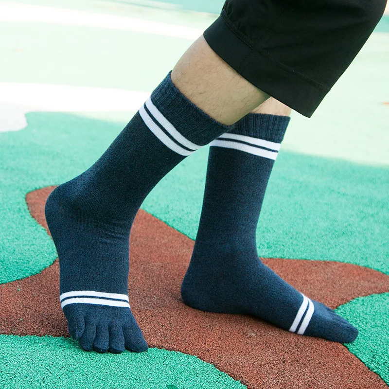 5 Pairs Mid-Calf Five Fingers Socks Autumn Winter Thick Warm Cotton Sock Japanese Style Fashion Striped Deodorant Sport Toe Sock